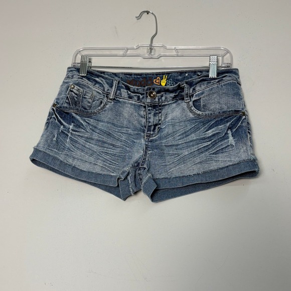 Mudd Pants - VTG Y2K Mudd Low Rise Micro Mini Denim Shorts Blue Acid Wash Embroidered Size 9